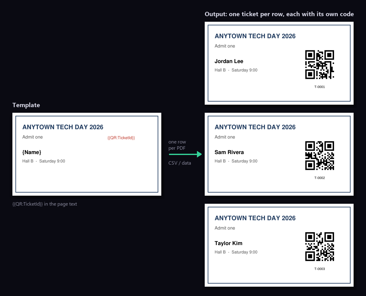 A ticket template containing the placeholder {{QR:TicketId}}, and three generated tickets, each with a different QR code