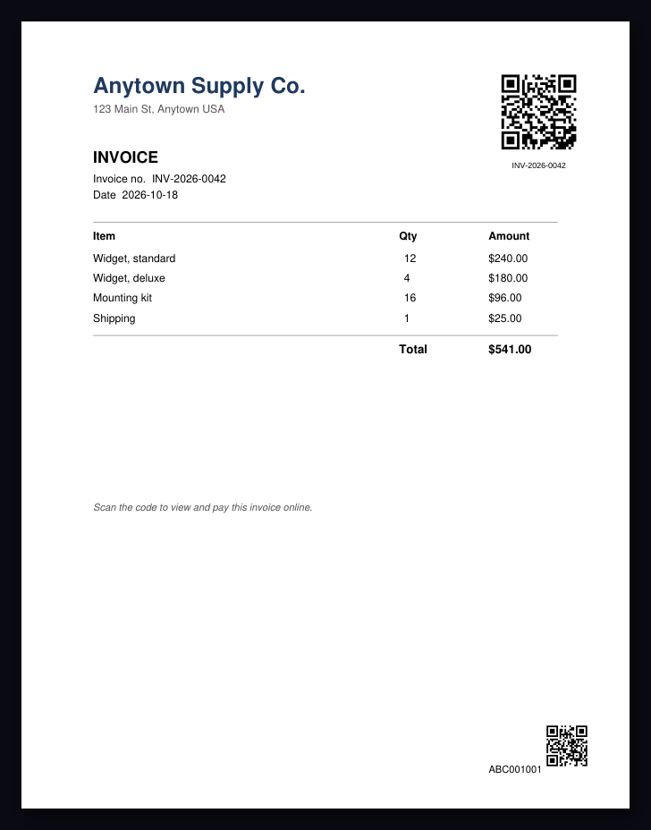 Invoice PDF with a QR code and caption in the top-right corner, and a Bates number with a small QR code in the bottom-right corner